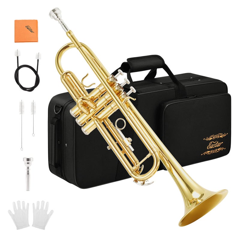 Eastar Bb Standard Trumpet Set for Beginner, Brass Student Trumpet Instrument with Hard Case, Cleaning Kit, 7C Mouthpiece and Gloves, ETR-380, Golden - Image 1